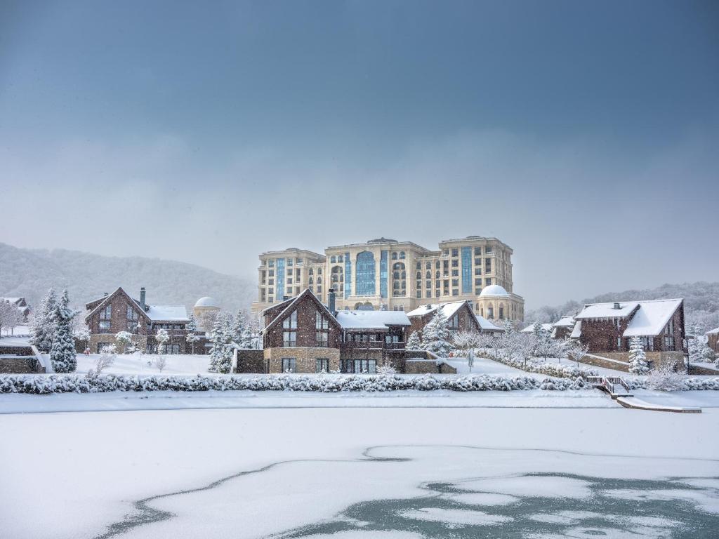 库巴Quba Palace Hotel & Golf Resort的冰冻湖下雪的度假胜地