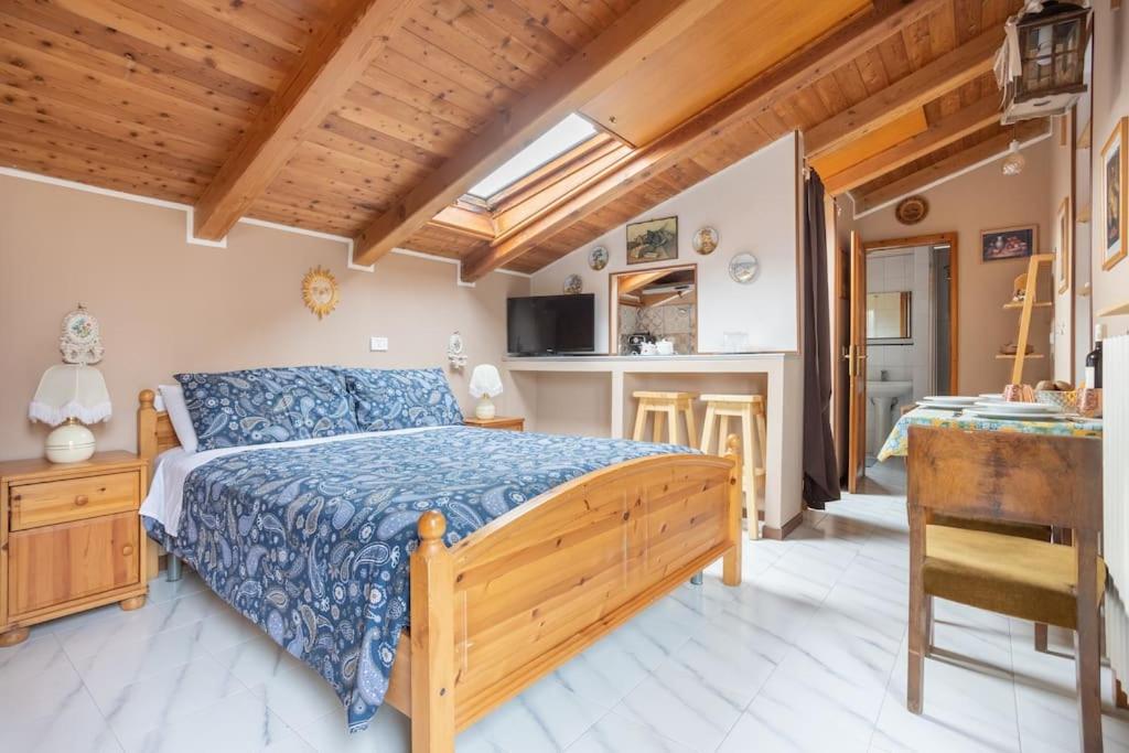 博洛尼亚Lo chalet di Giulia - Romantic terrace的一间带大床的卧室和一间厨房