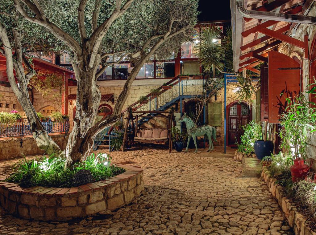 罗什平纳וילה תהילה המחודש - The new Villa Tehila的种有树和长颈鹿的庭院