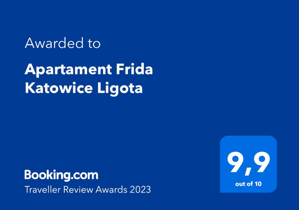 卡托维兹Apartament Frida Katowice Ligota的蓝色的屏幕,文字被授予fridakahlekoke公寓