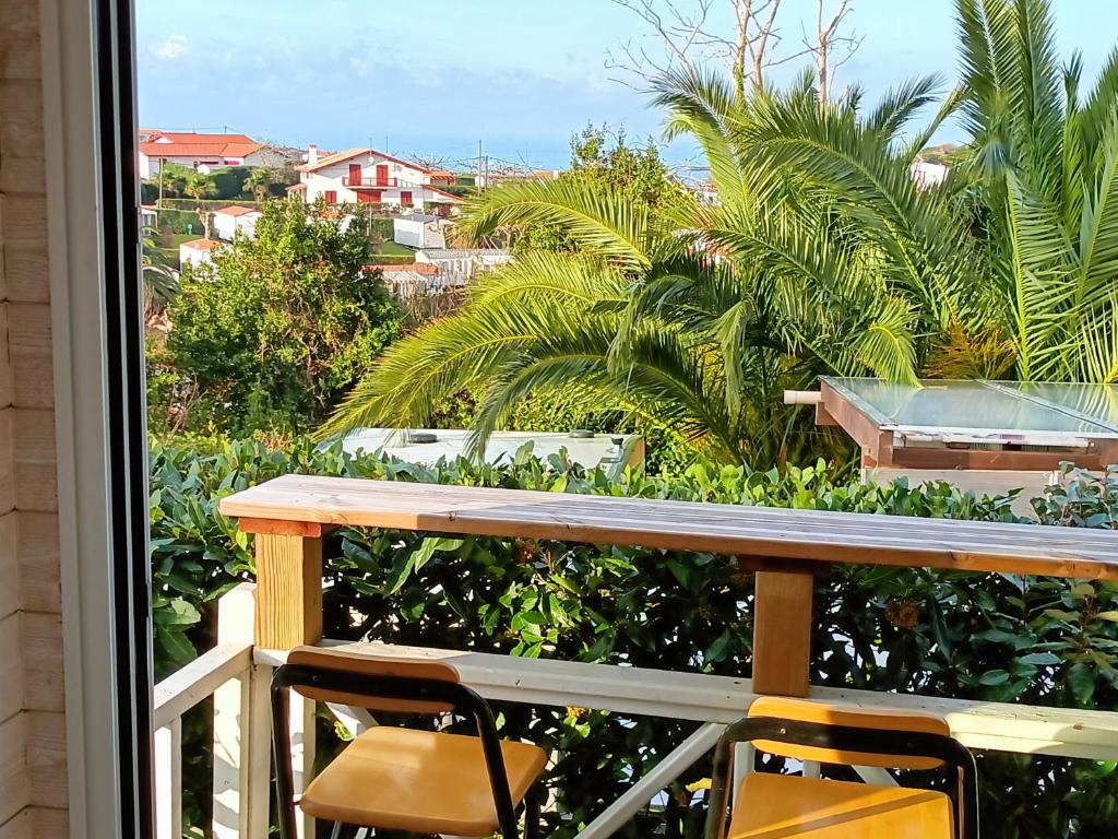 圣让-德吕兹Mobil-home avec vue mer的阳台配有桌椅和棕榈树。