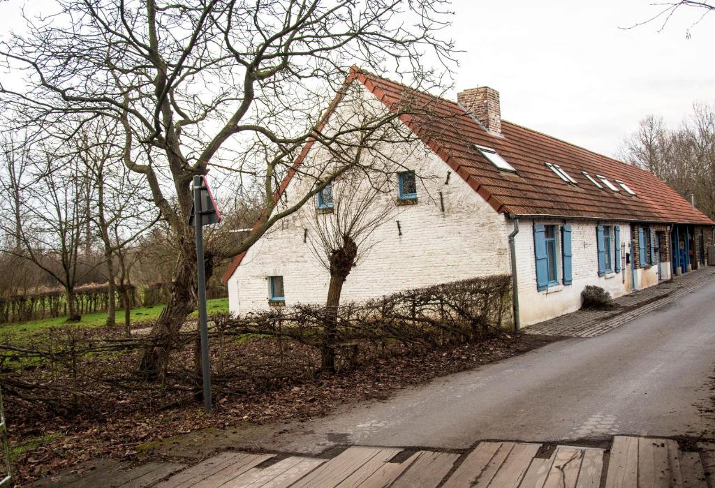 BocholtVakantiewoning De Luysmolen的一条街道旁的白色房子,有红色屋顶