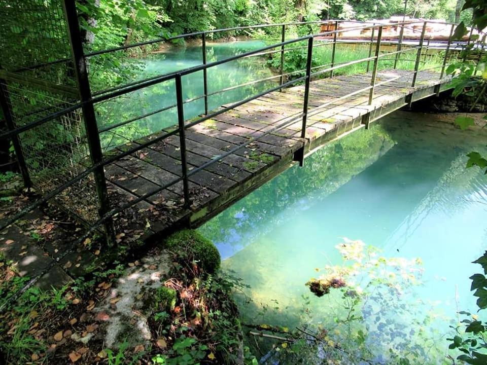 CusanceChambre d'hôte de la Source Bleue的蓝色河流上的桥梁