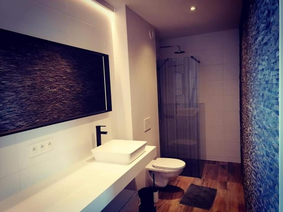 Maison comfortzone met jacuzzi的浴室配有卫生间、盥洗盆和淋浴。