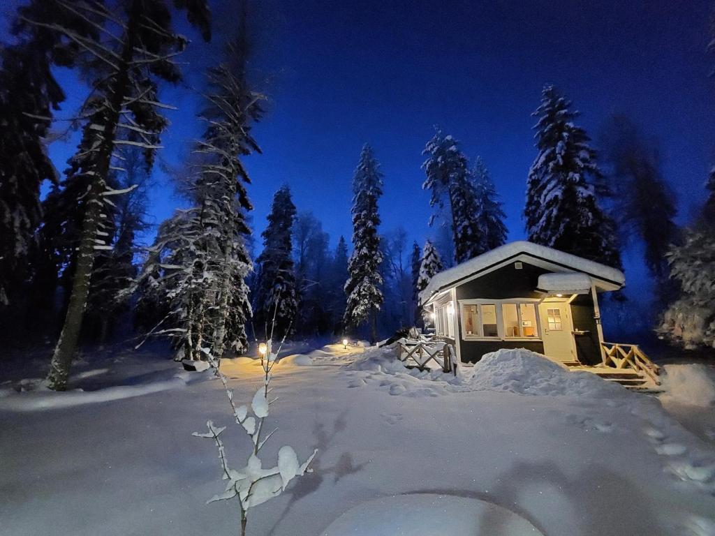 KontiolahtiVenejoen Piilo - Kuohu的夜晚雪中的一个小屋
