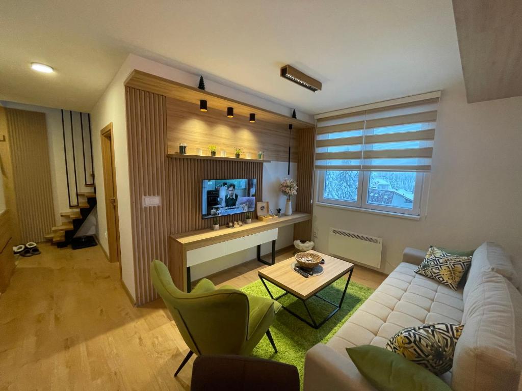 亚霍里纳Vila Jahor Superior Apartman 16 “Minja”的客厅配有白色沙发和电视