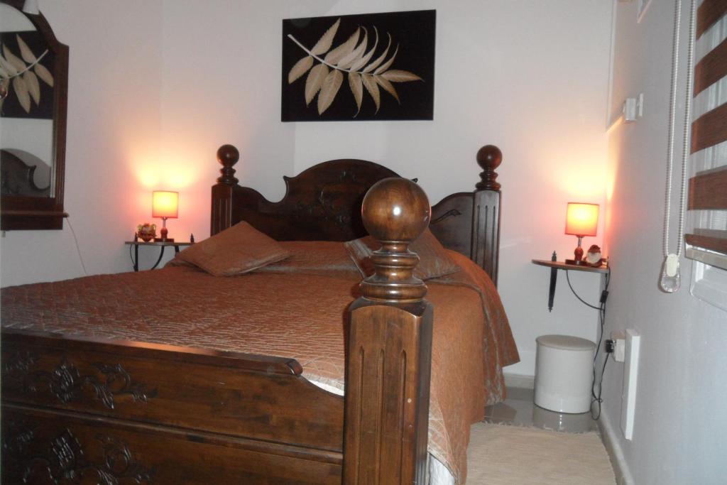 阿依纳帕Apartment Ground Floor, FREE INTERNET的一间卧室配有一张带两盏灯的木床。
