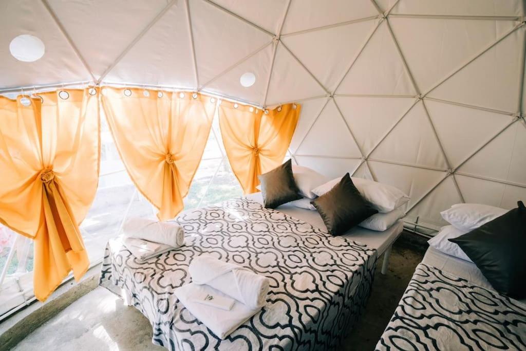 LuboCozy Dome Glamping w/ Private Hot Spring (2pax)的帐篷内带床和窗帘的房间