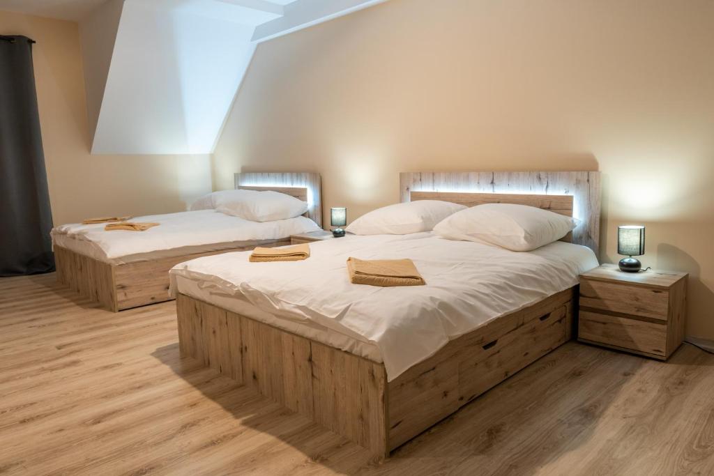 克鲁斯兹考采Apartamenty Na Rozstaju的卧室内的两张床,配有两盏灯