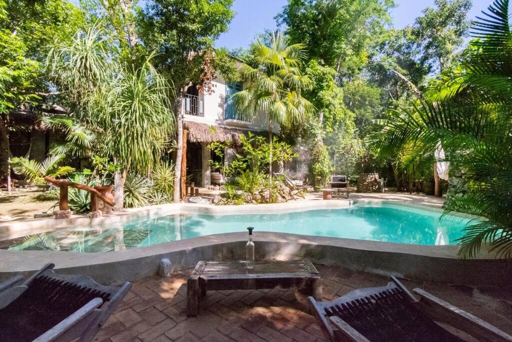 ChemuyilVerdeAmar Eco Lodge Jungle Retreat的房屋前设有带桌椅的游泳池