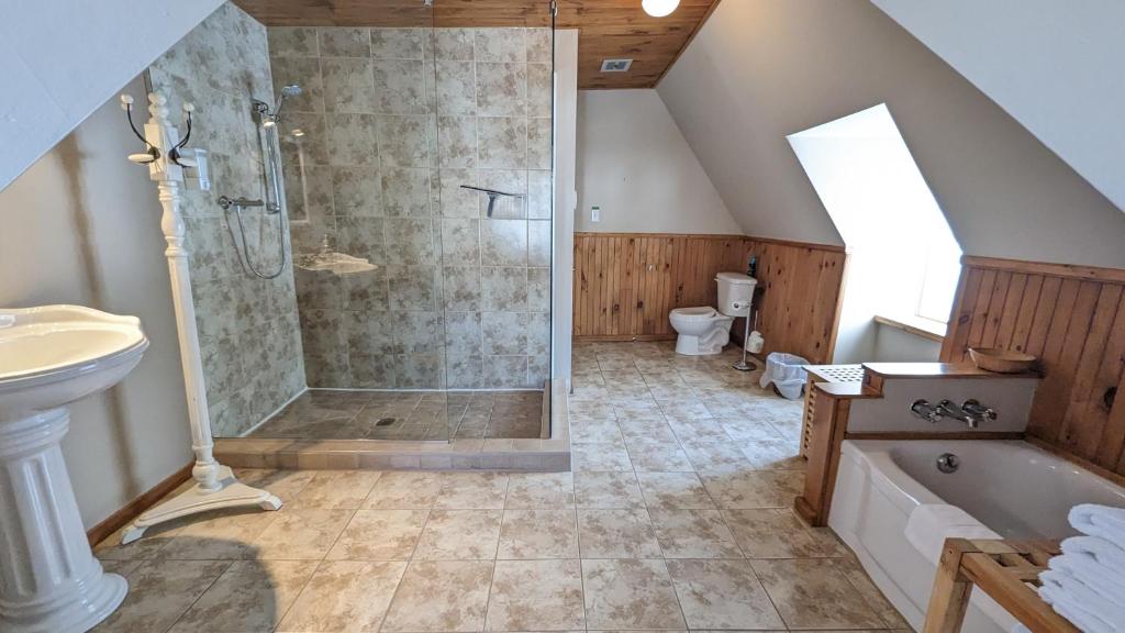 圣西蒙La Gentilhommière Motel et Suite A Vue sur Mer的带淋浴、盥洗盆和卫生间的浴室