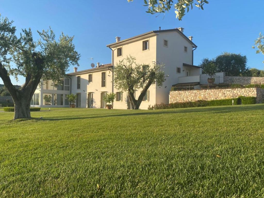 巴多利诺Agriturismo Ortaglia Bardolino的前面有绿色草坪的大房子