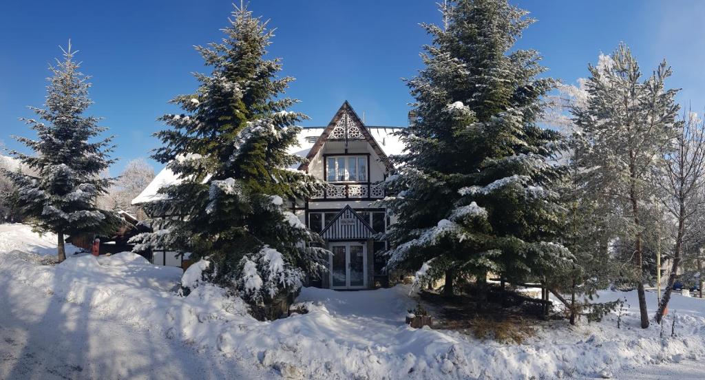 高塔特拉山Vila Jedľa的前面有雪覆盖的树木的房子