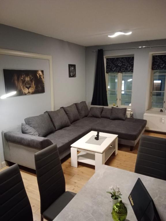 弗伦斯堡Flensburg Zentrum 10 VH 2OG R的客厅配有沙发和桌子
