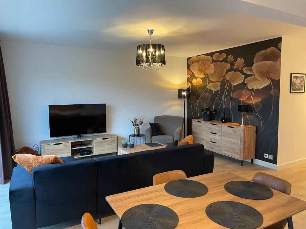 赫拉尔兹贝亨Q Geraardsbergen的客厅配有蓝色的沙发和电视