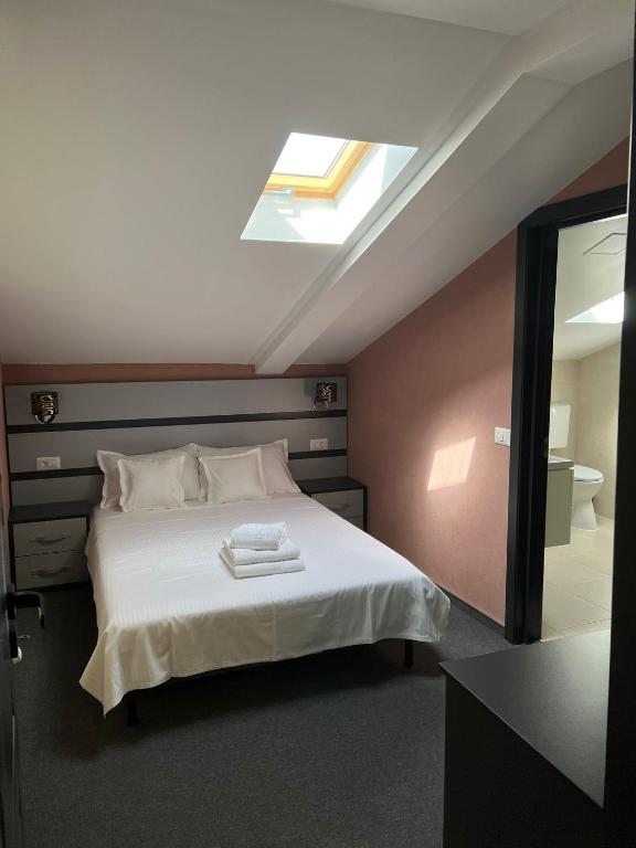 巴克乌Noblesse Bacău的一间卧室配有一张带白色床单和天窗的床。