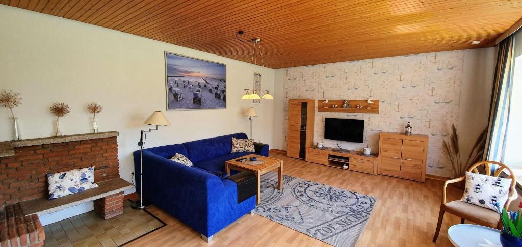 圣彼得奥尔丁Ferienwohnung-Floppy-Hansi-Fewo-4-EG的客厅配有蓝色的沙发和电视