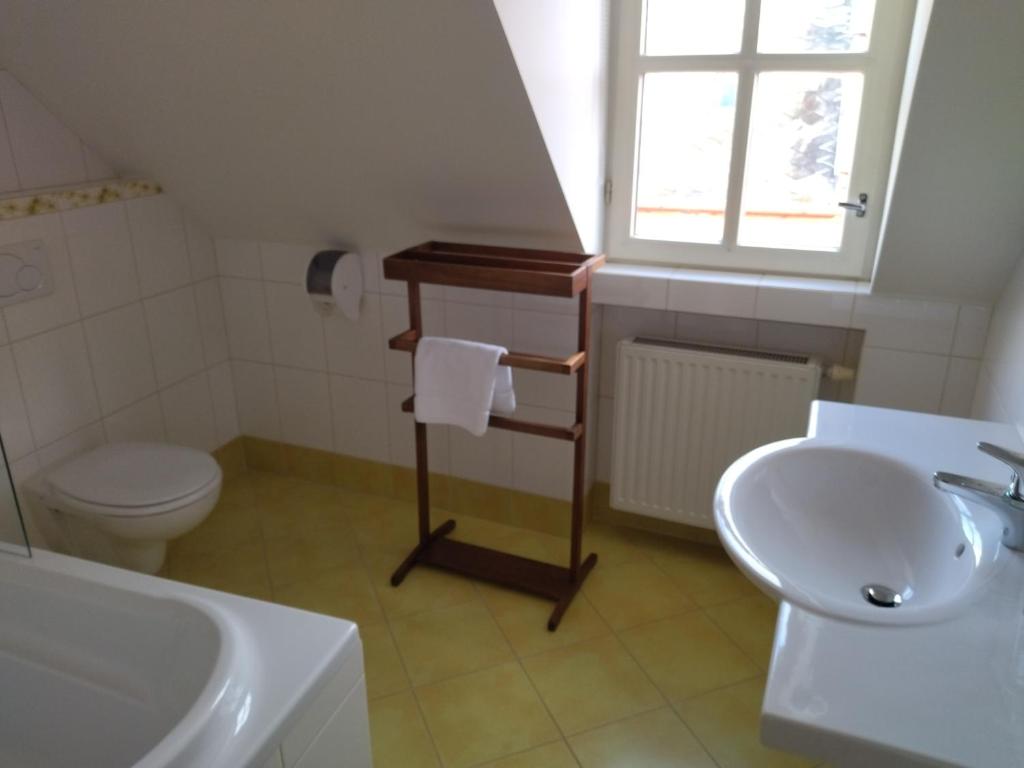 伊赫拉瓦Penzion Joštovka的一间带盥洗盆和窗户的浴室