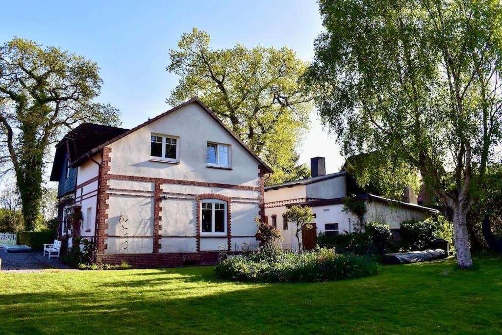 WesterholzLandhaus Oscar (150m zum Strand)的一座大白色房子,在院子里种有树木