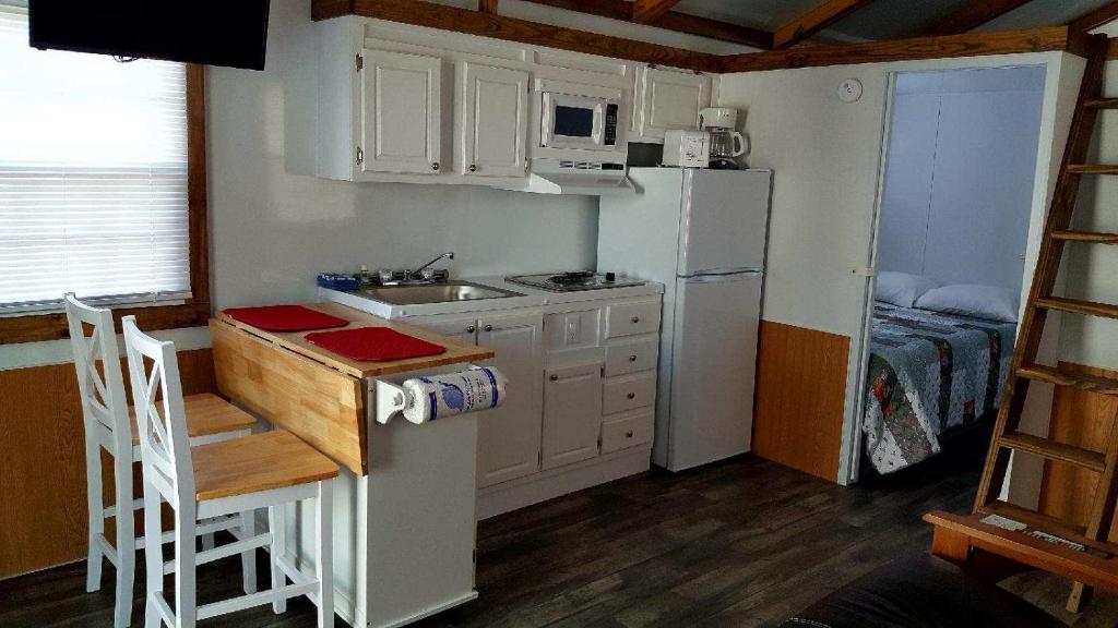 大松礁岛Old Wooden Bridge Resort & Marina的小厨房配有白色冰箱和水槽
