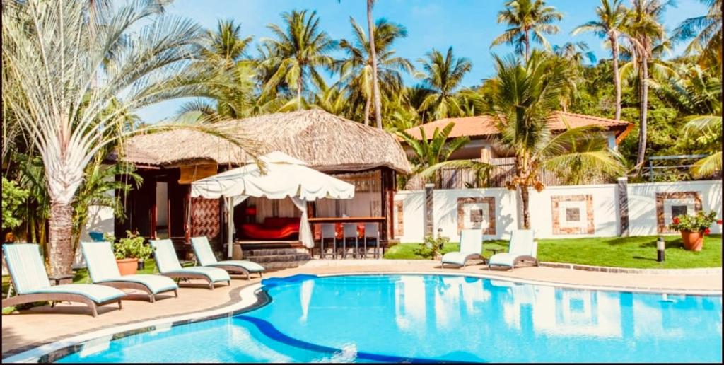 美奈Jaguar House Resort Muine的一个带椅子和房子的游泳池的度假胜地