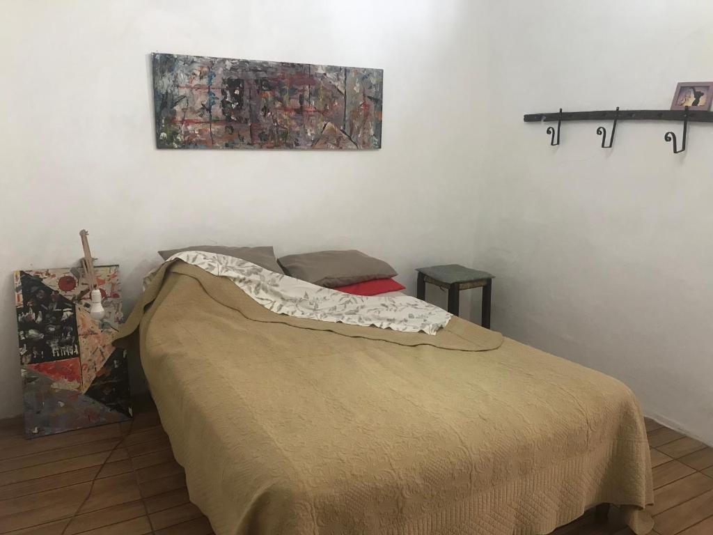 米纳斯Humilde espacio en el corazón de Minas的卧室配有一张床,墙上挂有绘画作品