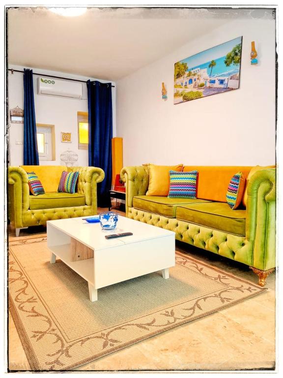 西迪·布·赛义德Élégante Maison ' in Sidi Bou Saïd confartable, Spacieux, Central的客厅配有两张沙发和一张咖啡桌