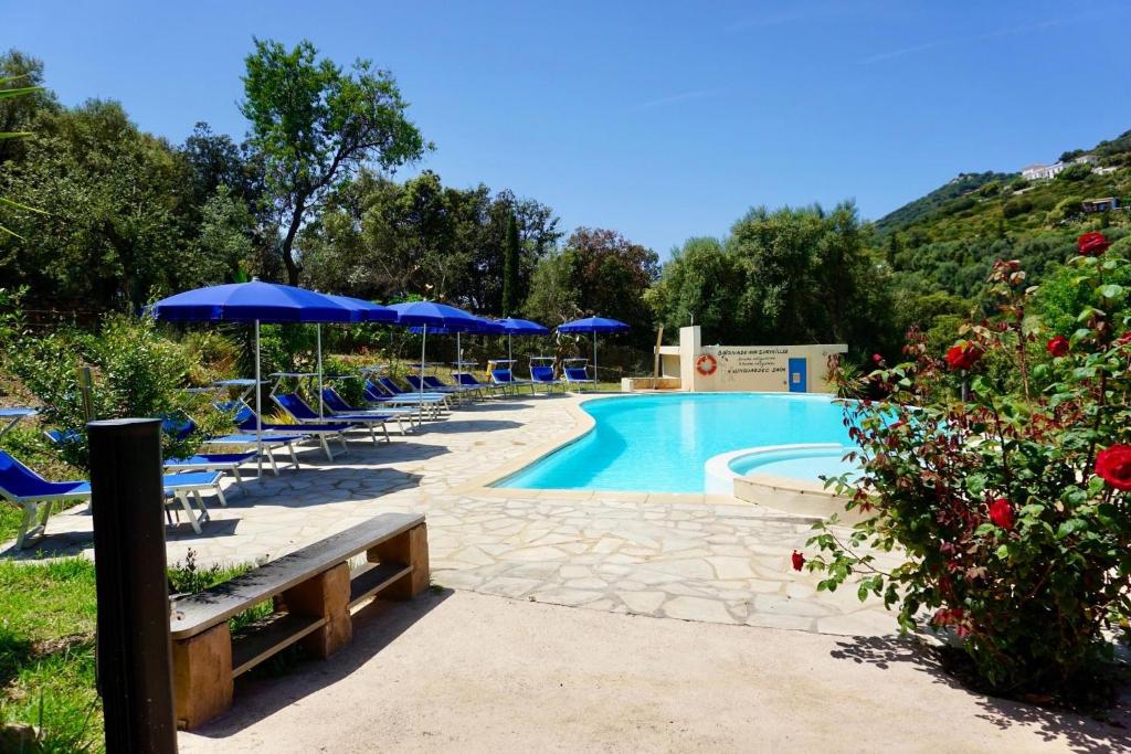 卡尔热斯伊蒂隆度假屋酒店的一个带蓝伞和躺椅的游泳池