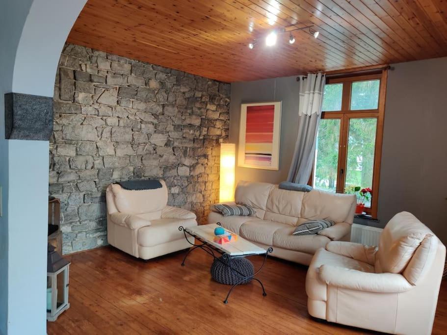 希迈Appartement cosy à Chimay的客厅设有两张沙发和一堵石墙