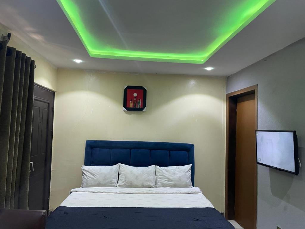 拉各斯Suite Subzero的一间卧室设有一张带绿色天花板的床。