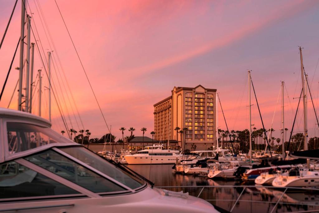 洛杉矶玛丽安德尔雷丽兹卡尔顿酒店的一群船停靠在码头,有一座建筑