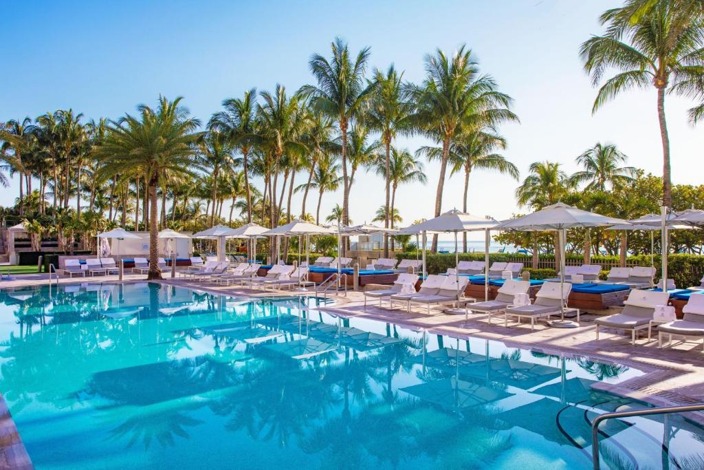 迈阿密海滩巴尔港瑞吉度假村的一个带躺椅的游泳池,棕榈树