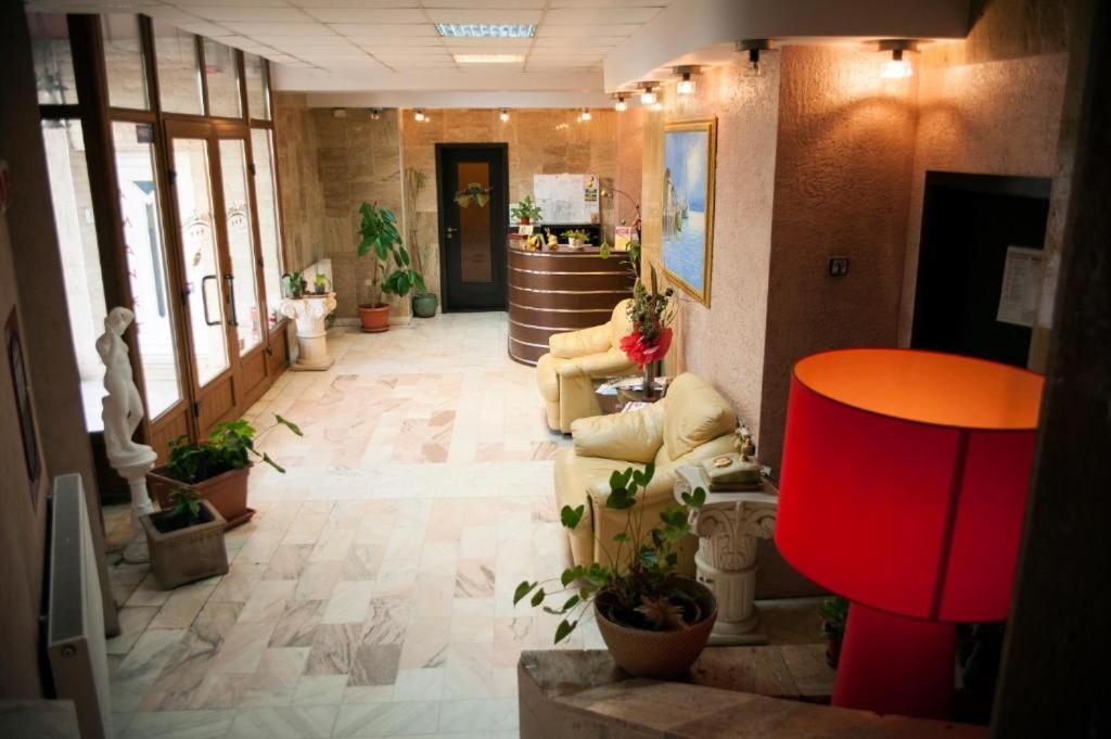 蒂米什瓦拉HOTEL DECENTRIA的大厅,在大楼里长沙发和盆栽植物