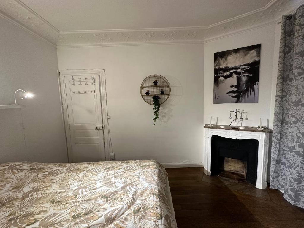 巴黎Nice Private Room in center的一间卧室配有一张床和一个壁炉
