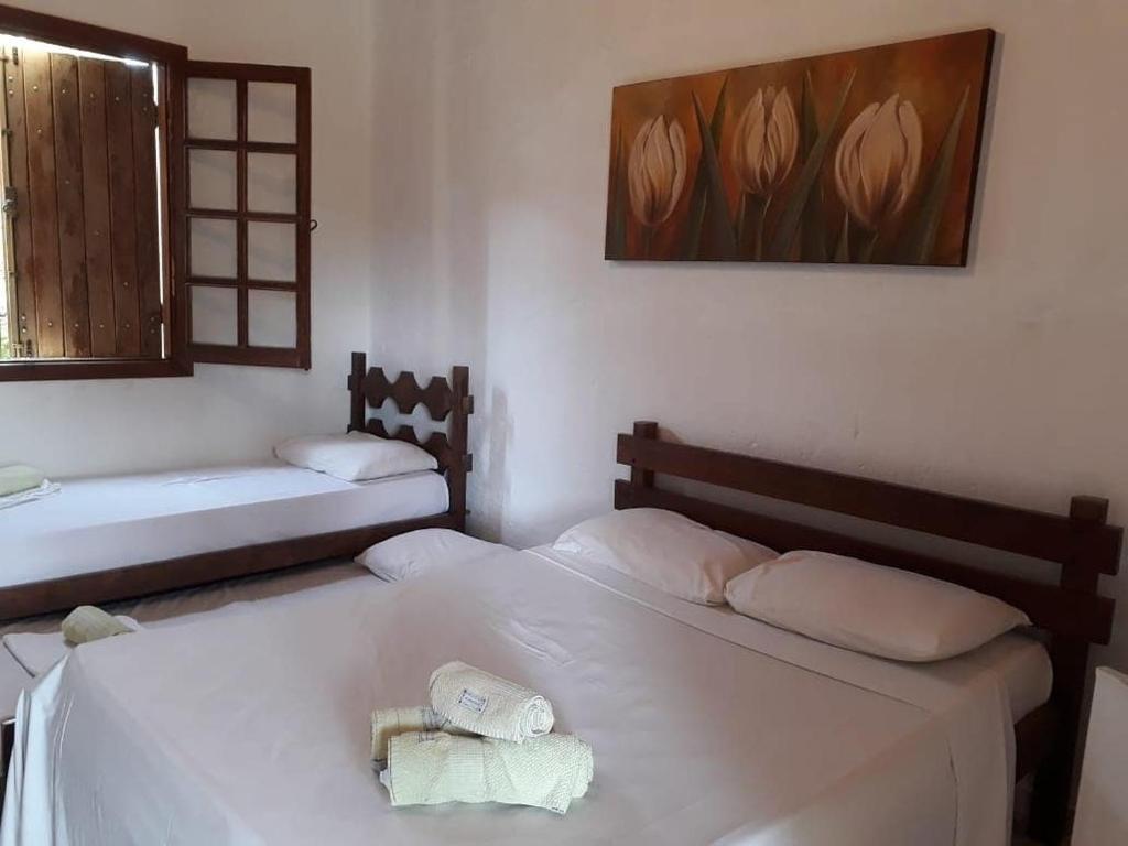 圣安娜杜里亚舒Nova Pousada Sollaris - Coração da Serra do Cipó - MG的客房设有两张床和窗户。