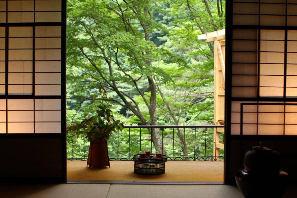 高山Fukeikan 風景館的门廊上一扇窗户,上面有植物