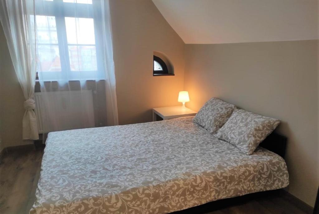 波兹南Rynek 10的一间卧室设有一张床和一个窗口