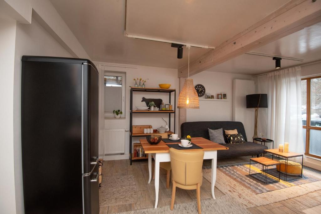 苏尔Ferienwohnung Eliese in Suhl的厨房和带黑色冰箱的客厅
