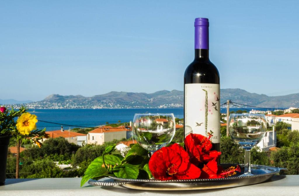 迈加洛丘里STUDIOS ATHENA的一瓶葡萄酒和两杯带鲜花的桌子