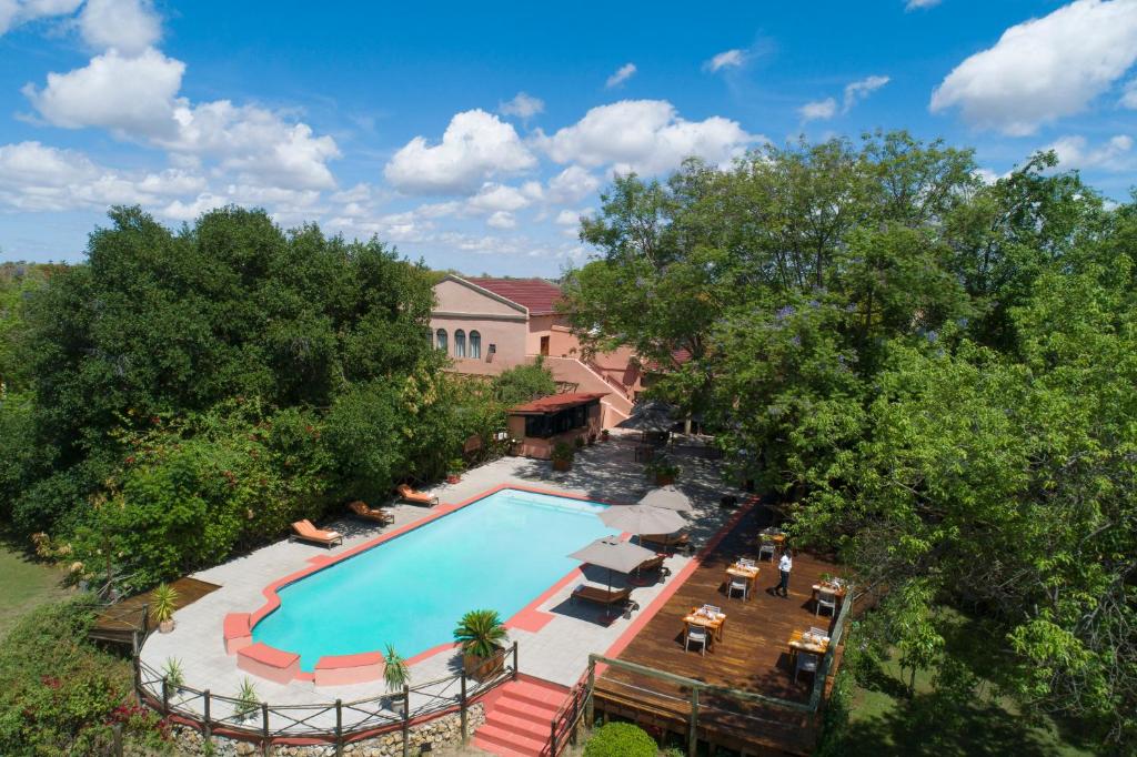 马翁Sedia Riverside Hotel的享有树木游泳池的顶部景致