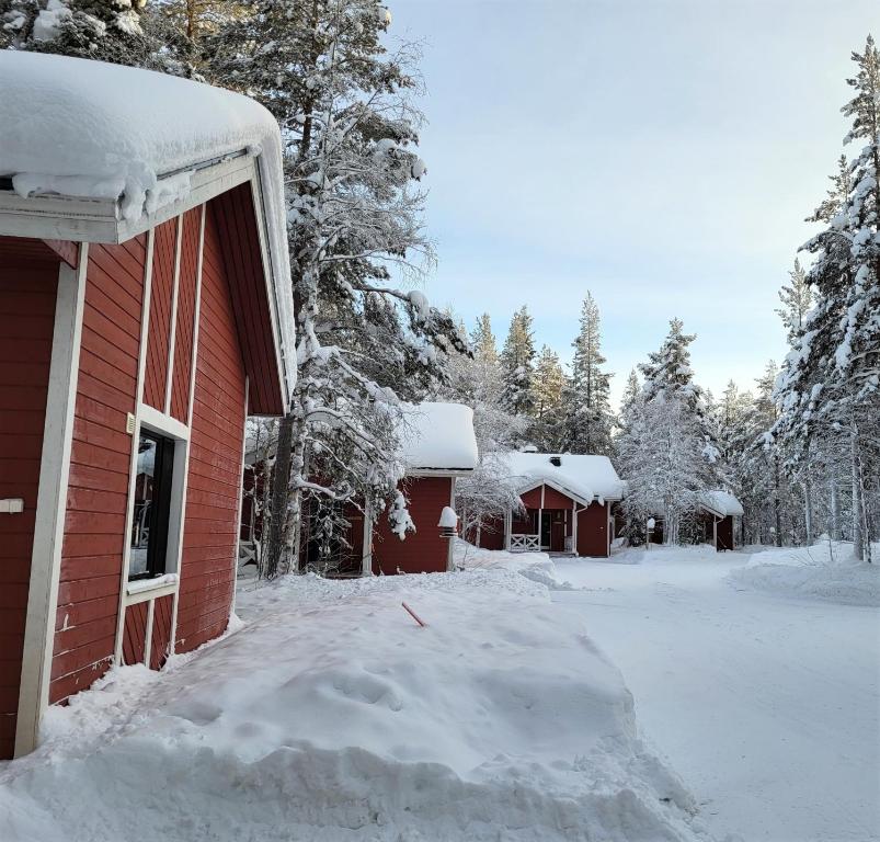 阿卡斯洛姆波罗Mäntymajat的一座满是树木的雪地房子