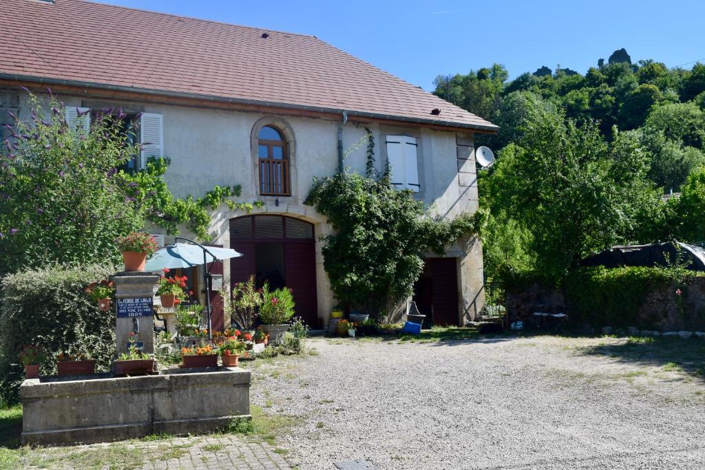 La Tour-du-MeixSpacious apartment in old farm close to Lac de Vouglans的前面有大量植物的房子