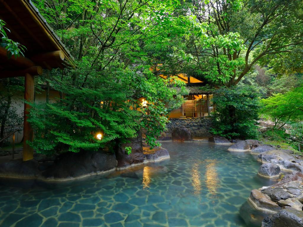 嬉野市大正屋日式旅馆的花园中的一个游泳池