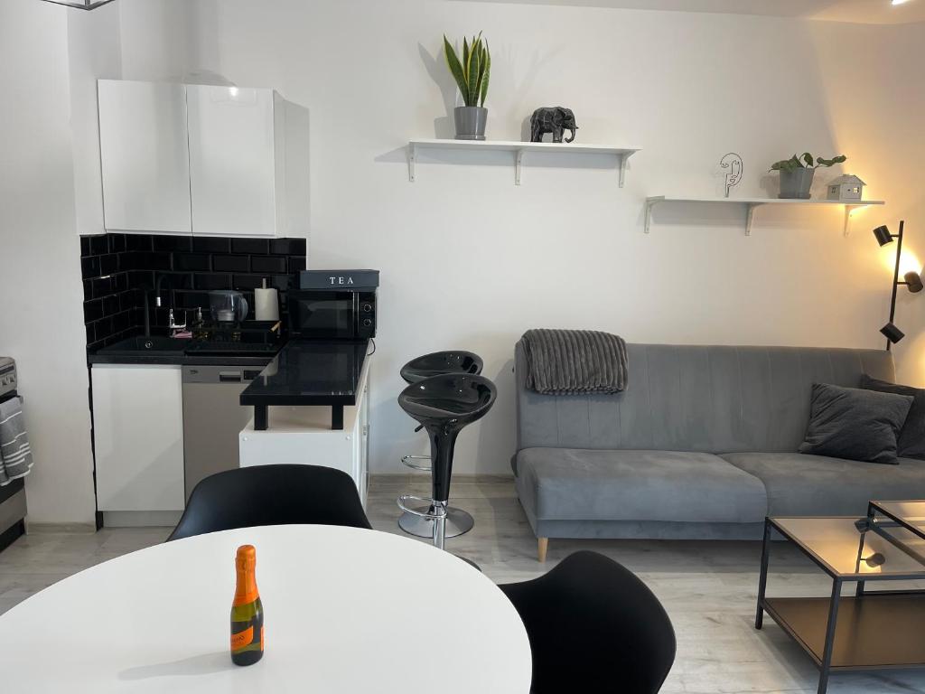 格丁尼亚Modern Box Apartment的客厅配有沙发和桌子