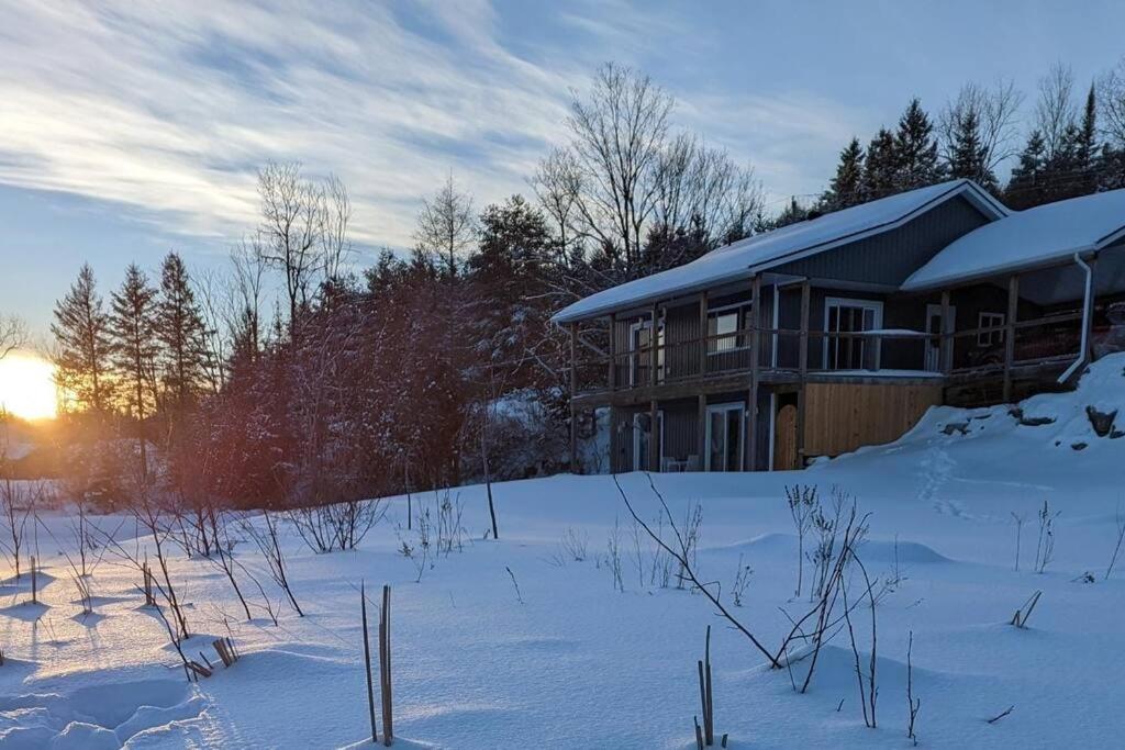 GilmourMarshmallow home的雪中的房子,太阳在后面