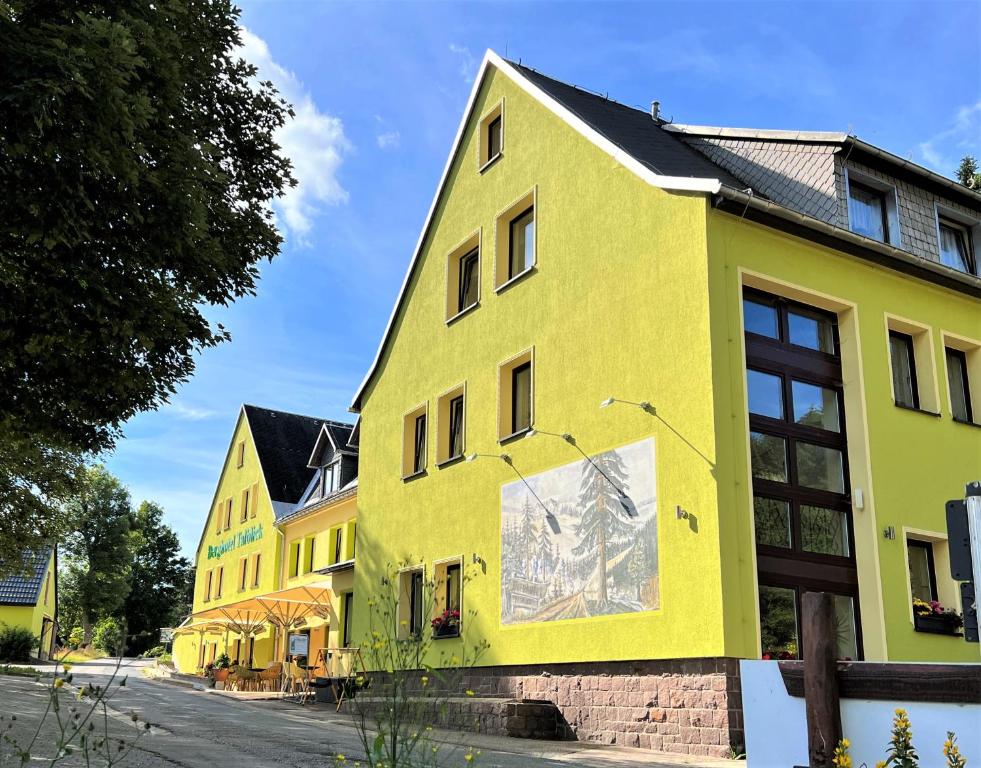 霍尔兆Berghotel Talblick的黄色的建筑,在建筑的一侧画着画