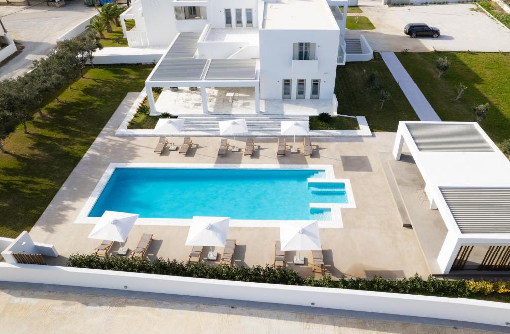 斯基罗斯岛Tzanis Resort Skyros的享有带游泳池的别墅的空中景致
