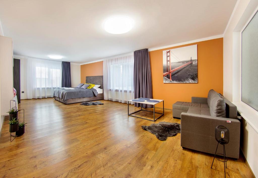 VijoliaiNamo-pirties nuoma Vinkšnėnuose的客厅配有沙发和1张床