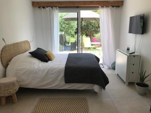 普罗旺斯地区特朗Ti'colombier d Azur的一间卧室设有一张床和一个大窗户