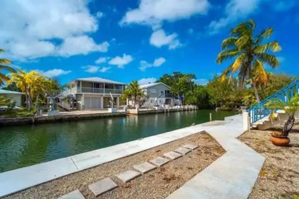 大松礁岛Boater's Dream House on the water 150' of Sea Wall的水边的房屋,棕榈树
